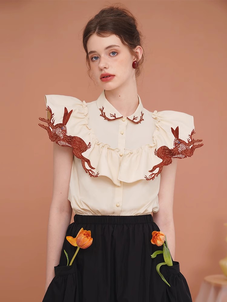 Embroidery Rabbit - Женская рубашка с вышивкой кролика, изысканная